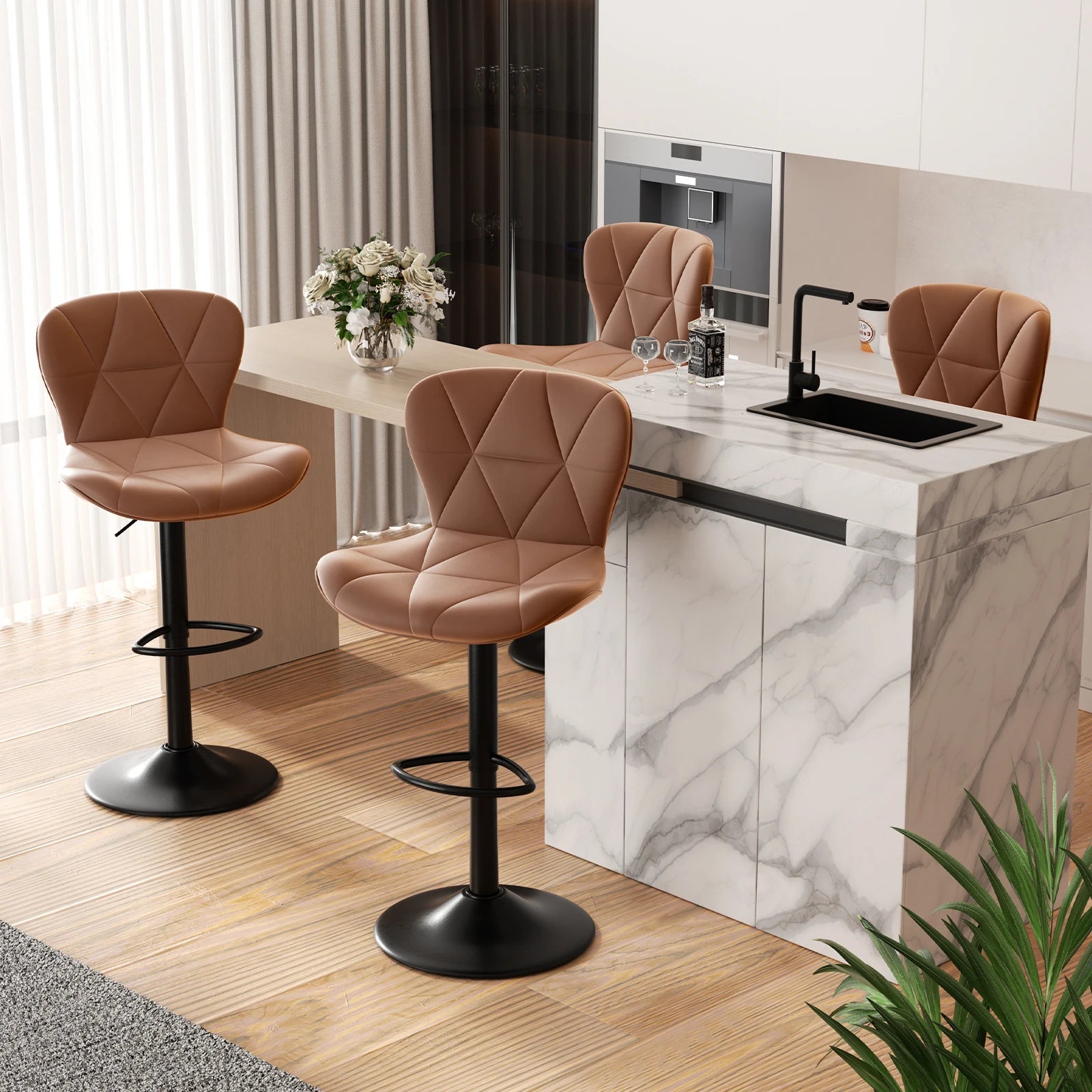 Modern Adjustable Bar Stools - Set of 2 with Soft Cushion